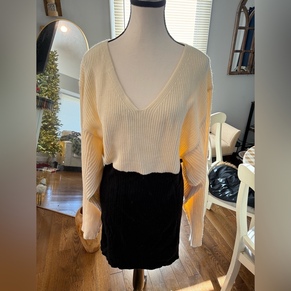 V-Neck Cream Sweater Dress